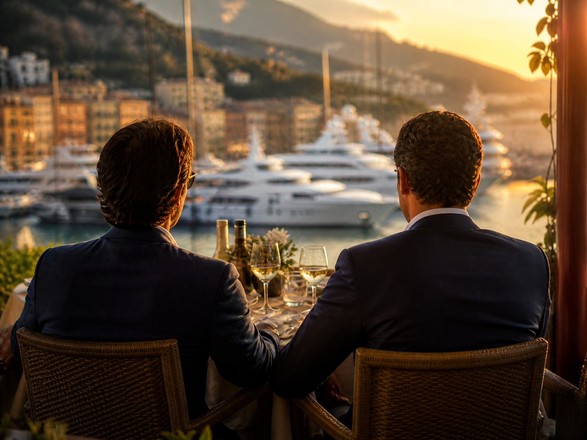 Two well-dressed advisors seated at a marina restaurant overlooking a harbour of yachts at golden hour